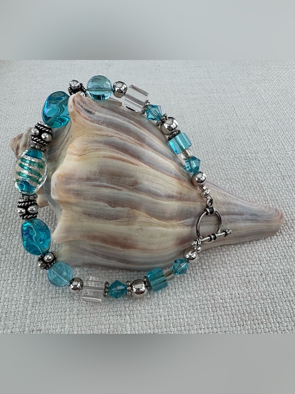 Caribbean Blue Color Beads, Sterling Silver, Bali Beads & Toggle Bracket. 7 Inch - Picture 2 of 4
